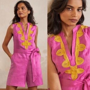 Boden Pink and Yellow V-Neck Jumpsuit with Wide-Leg Pants